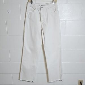 Cotton DenimJeans Wide Straight Leg Raw Hem High Waist